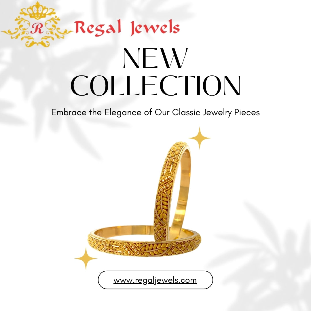 Regal Jewels banner featuring 22kt gold bangles. Left: white gold with diamonds. Right: traditional gold with red stones. Blue background with geometric accents. Address: 2625 W. Devon Ave., Chicago, IL 60659. Tagline: "LOWEST PRICE, BIGGEST SELECTION."