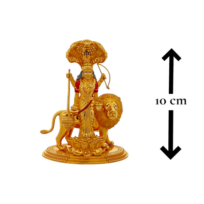 22kt gold Maa Durga idol with lion on decorative base, 311.3 grams weight, 10 cm height, spiritual pooja decor.