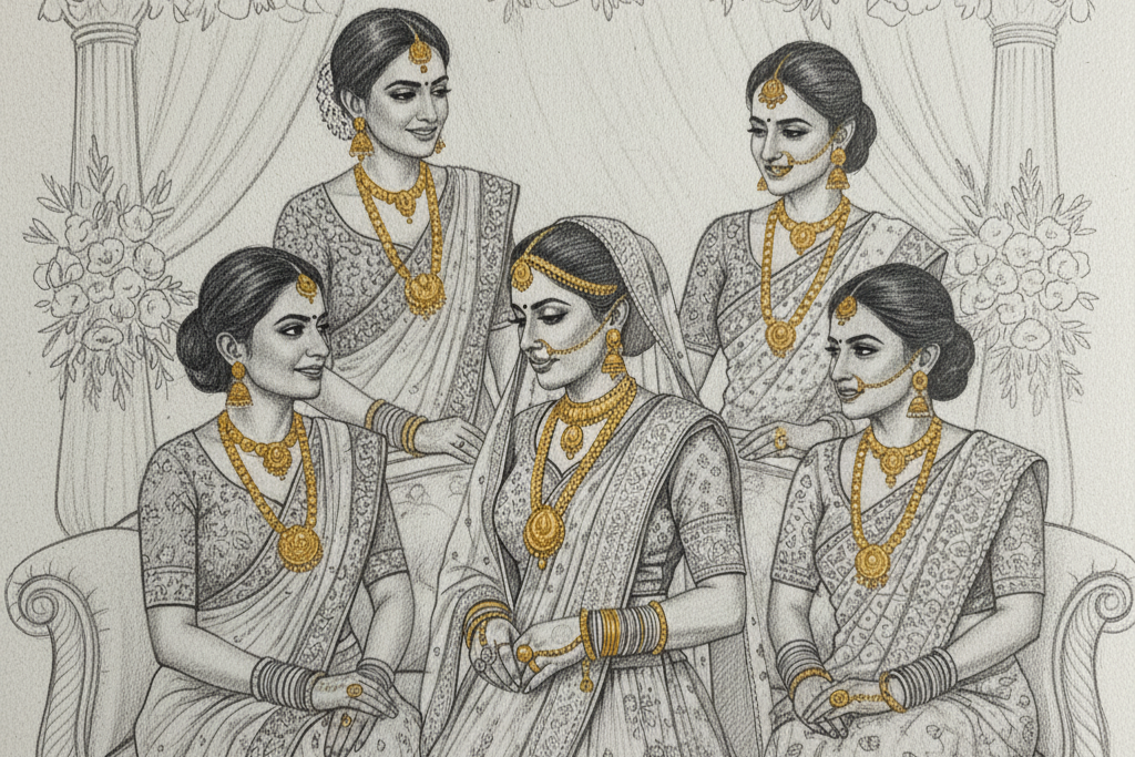 Illustration of women in traditional attire with jewelry, set against a decorative background.