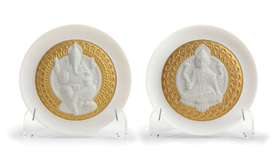 "Display Only Call for Availability and Price" Goddes Lakshmi and Lord Ganesha Decorative Plates Set. Golden Lustre