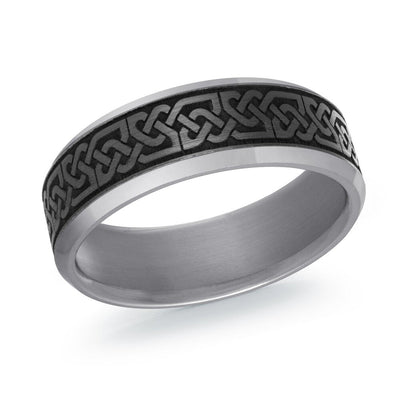 MALO tantalum premium fit band with black Celtic weave engraved center and satin grey edges men’s ring TANT-047