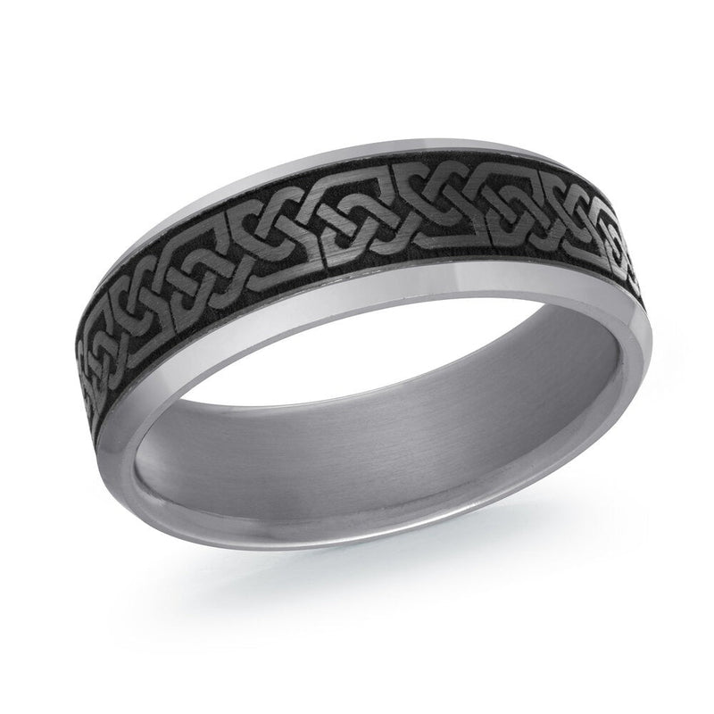 MALO tantalum premium fit band with black Celtic weave engraved center and satin grey edges men’s ring TANT-047