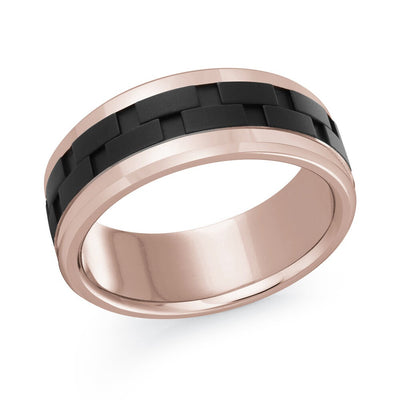 MALO men’s 8mm rose gold ring with black brick inlay and polished edges MRDTI-001-8P