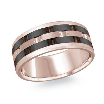 MALO men’s 8mm rose gold ring with two-tone link pattern and dark center detailing MRDTI-002-8P