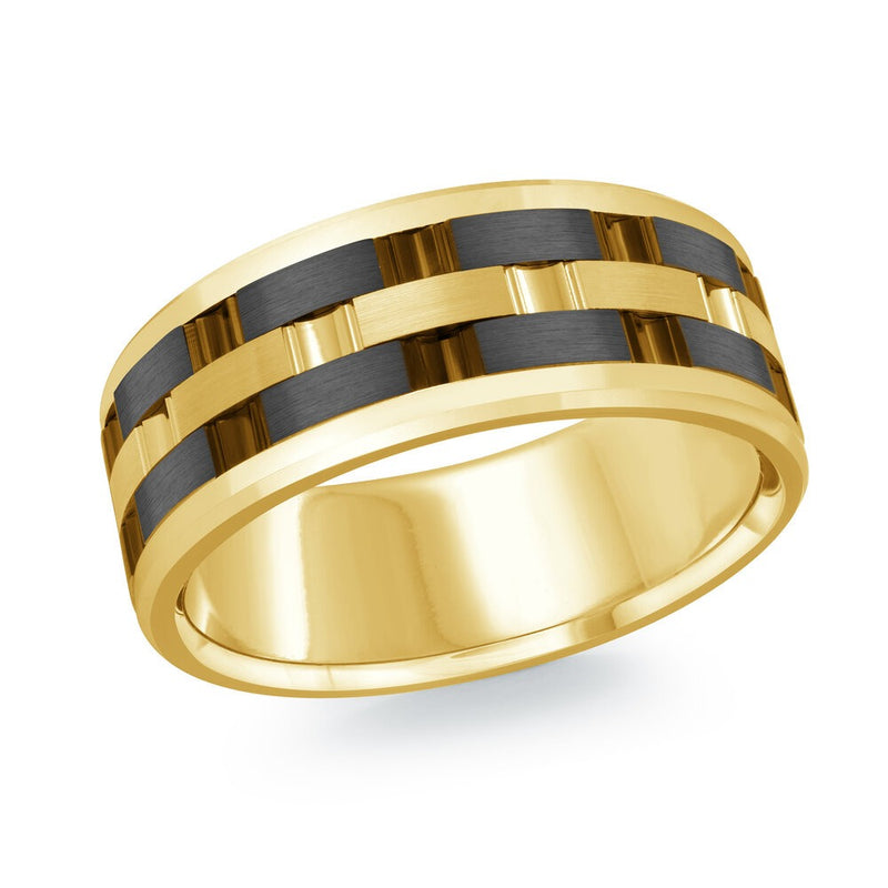 MALO men’s 8mm yellow gold ring with two-tone link pattern and dark center detailing MRDTI-002-8Y