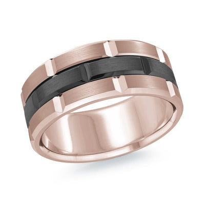 MALO men’s 8mm rose gold ring with black center band and block edge detailing MRDTI-003-8P