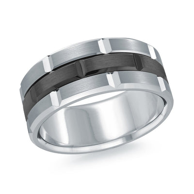 MALO men’s 8mm white gold ring with black center band and block edge detailing MRDTI-003-8W