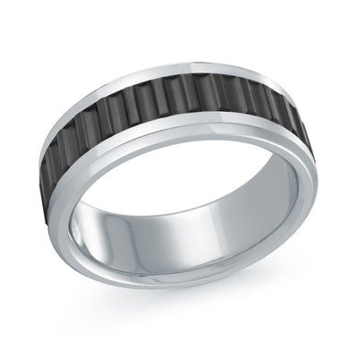 MALO men’s 8mm white gold ring with black grooved center and polished edges MRDTI-004-8W