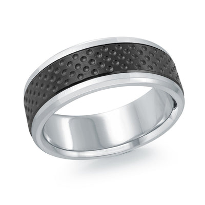 MALO men’s 8mm white gold ring with black textured center and polished edges MRDTI-005-8W