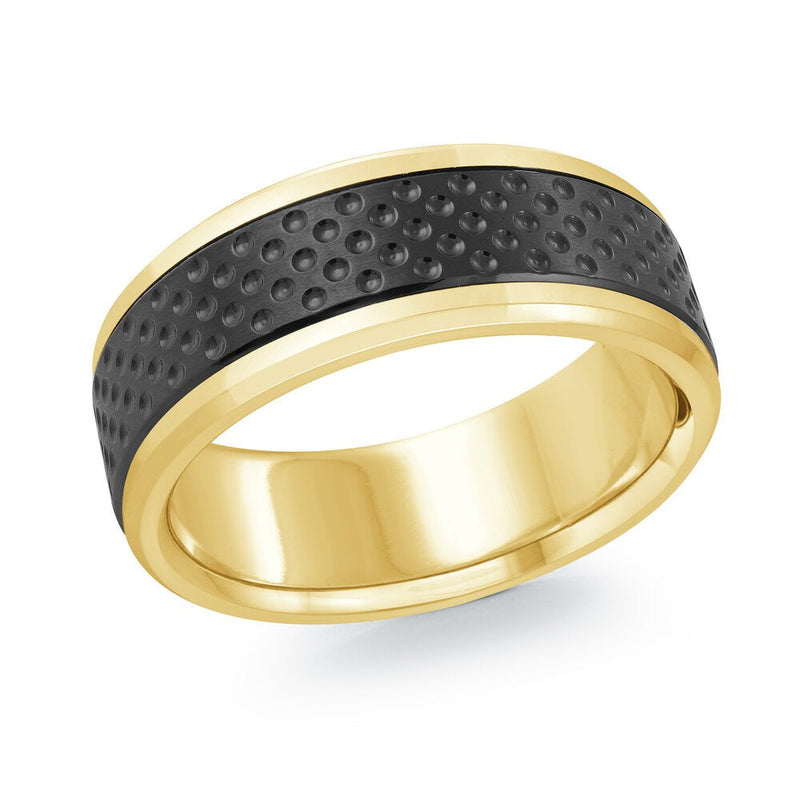 MALO men’s 8mm yellow gold ring with black textured center and polished edges MRDTI-005-8Y