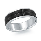 MALO men’s band with black inlay cross-line detail, white gold finish, 7mm wide (MRDTI-008)