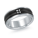 MALO men’s band with black inlay and diamond accent detail, white gold finish, 8mm wide (MRDTI-012)