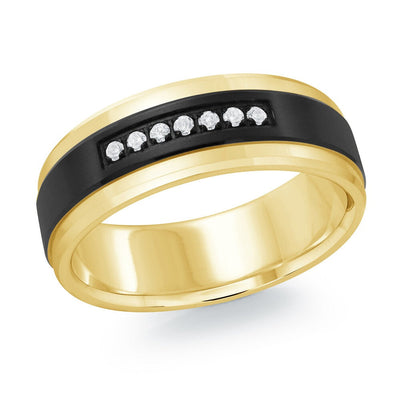 MALO men’s band with black inlay and diamond channel accent, yellow gold finish, 7mm wide (MRDTI-014)