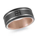 MALO men’s band with matte black center and black diamond accent cluster, rose gold interior, 9mm wide (MRDTI-016)