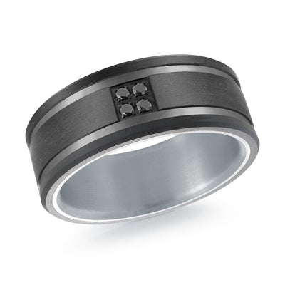 MALO men’s band with matte black center and black diamond accent cluster, white gold interior, 9mm wide (MRDTI-016)