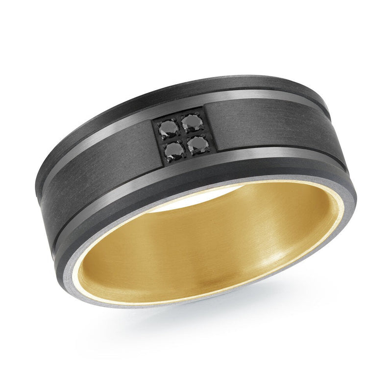 MALO men’s band with matte black center and black diamond accent cluster, yellow gold interior, 9mm wide (MRDTI-016)