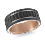 MALO men’s band with black ripple inlay and matte gray edges, rose gold interior, 9mm wide (MRDTI-017)