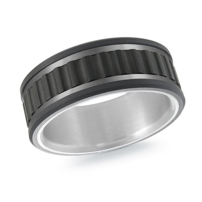MALO men’s band with black ripple inlay and matte gray edges, white gold interior, 9mm wide (MRDTI-017)