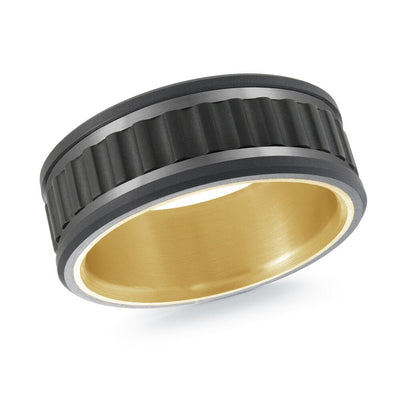 MALO men’s band with black ripple inlay and matte gray edges, yellow gold interior, 9mm wide (MRDTI-017)