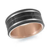 MALO men’s band with black cross-groove inlay and matte gray edges, rose gold interior, 9mm wide (MRDTI-018)