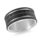 MALO men’s band with black cross-groove inlay and matte gray edges, white gold interior, 9mm wide (MRDTI-018)