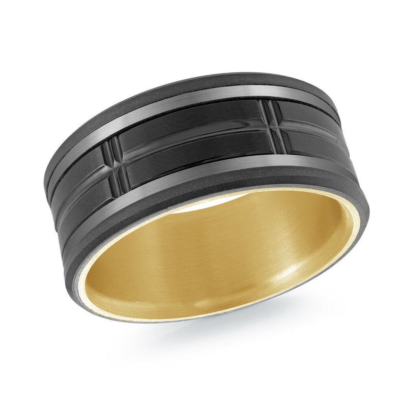 MALO men’s band with black cross-groove inlay and matte gray edges, yellow gold interior, 9mm wide (MRDTI-018)
