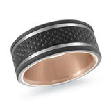MALO men’s band with textured black dotted inlay and matte gray edges, rose gold interior, 9mm wide (MRDTI-019)