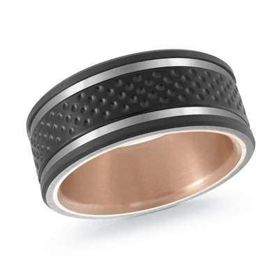 MALO men’s band with textured black dotted inlay and matte gray edges, rose gold interior, 9mm wide (MRDTI-019)
