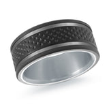 MALO men’s band with textured black dotted inlay and matte gray edges, white gold interior, 9mm wide (MRDTI-019)