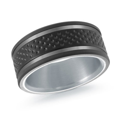 MALO men’s band with textured black dotted inlay and matte gray edges, white gold interior, 9mm wide (MRDTI-019)