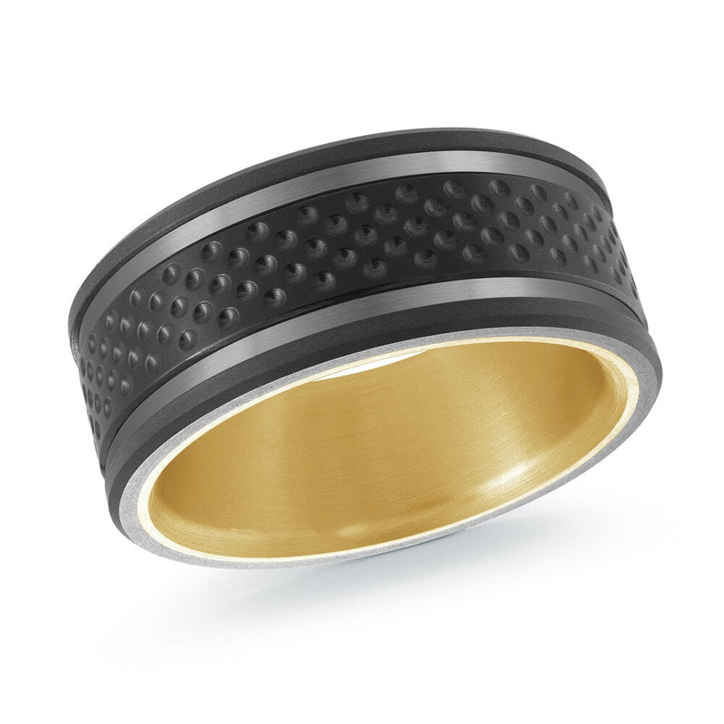 MALO men’s band with textured black dotted inlay and matte gray edges, yellow gold interior, 9mm wide (MRDTI-019)