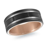 MALO men’s band with black inlay and groove design, matte gray edges, rose gold interior, 8mm wide (MRDTI-020)