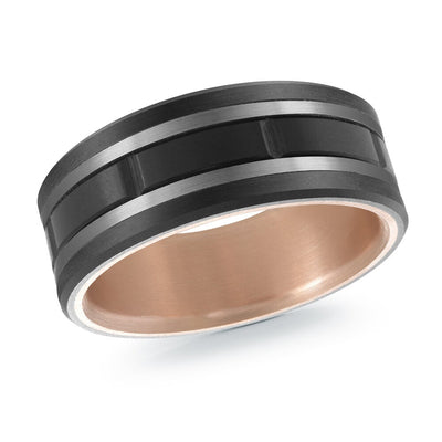 MALO men’s band with black inlay and groove design, matte gray edges, rose gold interior, 8mm wide (MRDTI-020)