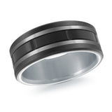 MALO men’s band with black inlay and groove design, matte gray edges, white gold interior, 8mm wide (MRDTI-020)