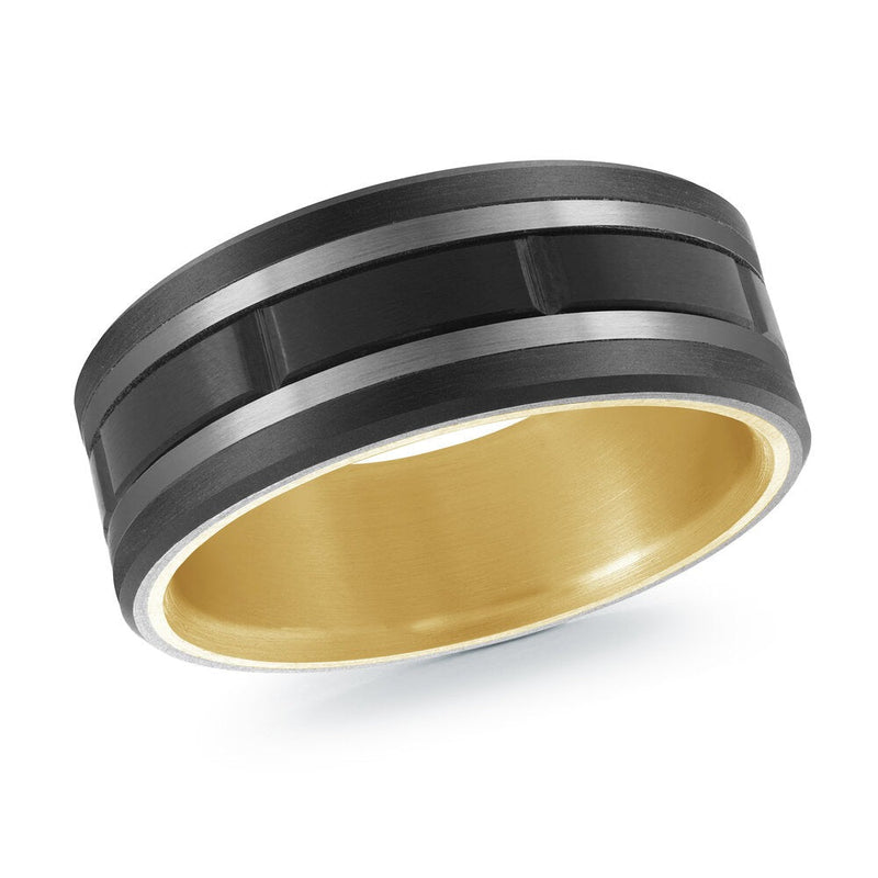 MALO men’s band with black inlay and groove design, matte gray edges, yellow gold interior, 8mm wide (MRDTI-020)
