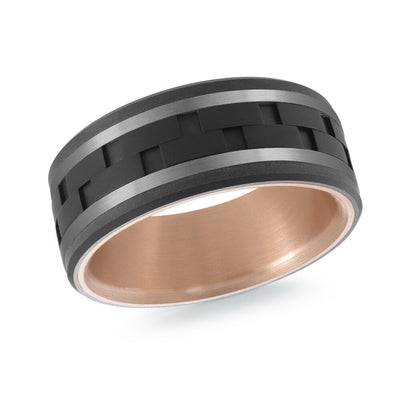 MALO men’s band with black brick inlay and matte gray edges, rose gold interior, 9mm wide (MRDTI-021)