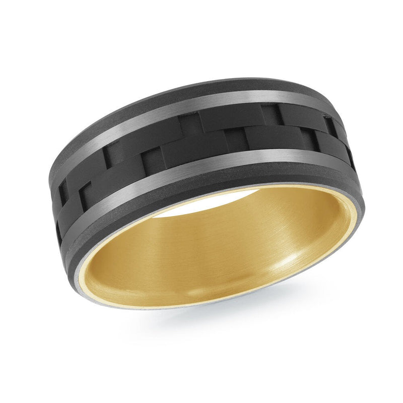 MALO men’s band with black brick inlay and matte gray edges, yellow gold interior, 9mm wide (MRDTI-021)