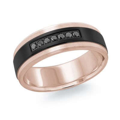MALO rose gold men’s band with black inlay and black diamond row accent, 7mm wide (MRDTI-022)