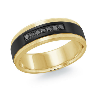 MALO yellow gold men’s band with black inlay and black diamond row accent, 7mm wide (MRDTI-022)