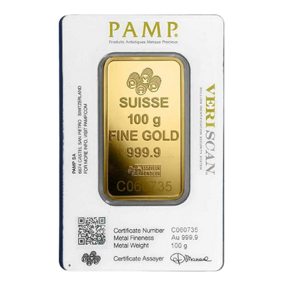 PAMP Suisse Gold Bar, 100 Gram, .9999 Pure