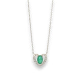 18KT gold heart pendant chain with oval emerald center and diamond halo by Regal Jewels