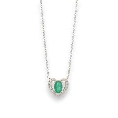18KT gold heart pendant chain with oval emerald center and diamond halo by Regal Jewels