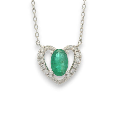 18KT gold heart pendant chain with oval emerald center and diamond halo by Regal Jewels