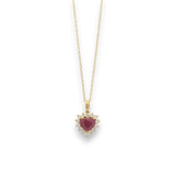 18KT gold heart pendant chain with heart-shaped ruby center and diamond halo by Regal Jewels