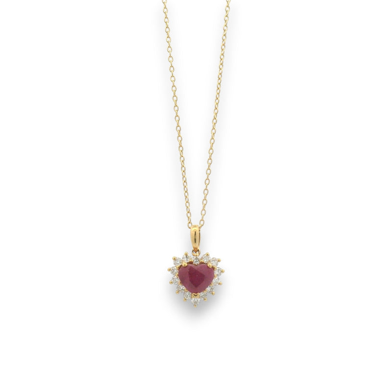 18KT gold heart pendant chain with heart-shaped ruby center and diamond halo by Regal Jewels