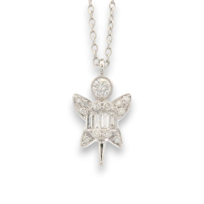 closeup of 18KT gold diamond angel pendant chain with round and baguette natural diamonds by Regal Jewels