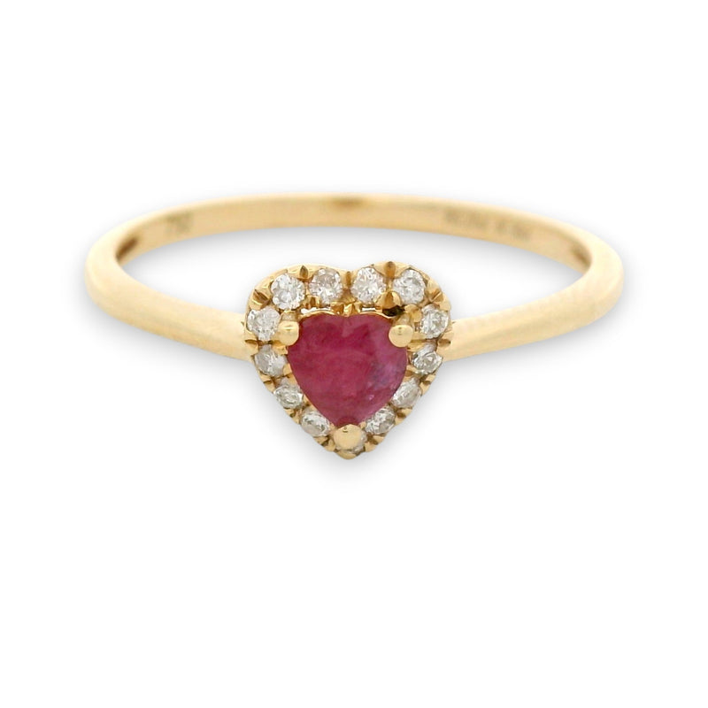 18KT gold heart-shaped ruby ring with diamond halo, 0.25 ct ruby and 0.09 cts diamonds, delicate ladies ring
