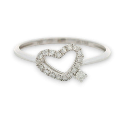 18KT gold open heart diamond ring with pavé diamonds and accent stone, 0.13 cts VVS2–VS1 F–G diamonds