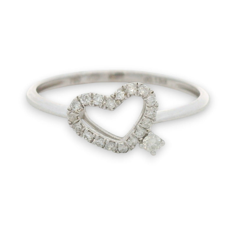 18KT gold open heart diamond ring with pavé diamonds and accent stone, 0.13 cts VVS2–VS1 F–G diamonds