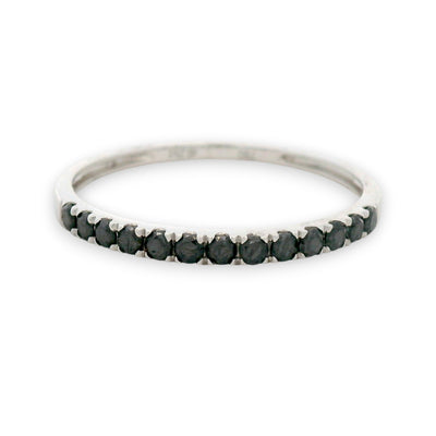 18KT gold black diamond band ring with row of round black diamonds, minimalist stackable design